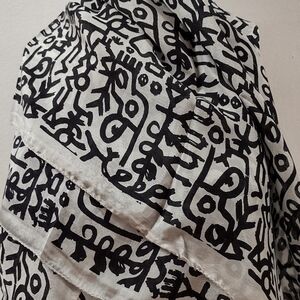 Vintage Large Square Scarf 100% Pure Silk Black and White Patterned Scarf 1980s